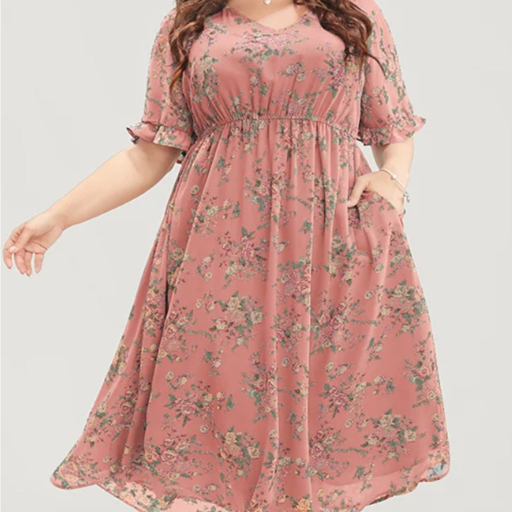 Brand new bloomchic Floral Print V Neck Elastic Waist Mesh Pocket Ruffles Dress